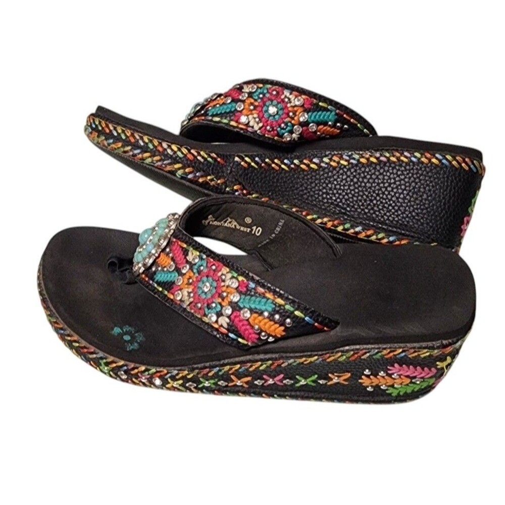 Montana West Embroidered Wedge Flip-Flops Boho Concho Rhinestones Size 10 - Picture 5 of 7